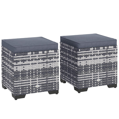 Outsunny Set of 2 Rattan Storage Ottoman, Outdoor Footstool with Removable Cushions, Garden Storage Seat for Balcony, Porch, Living Room, Dark Grey