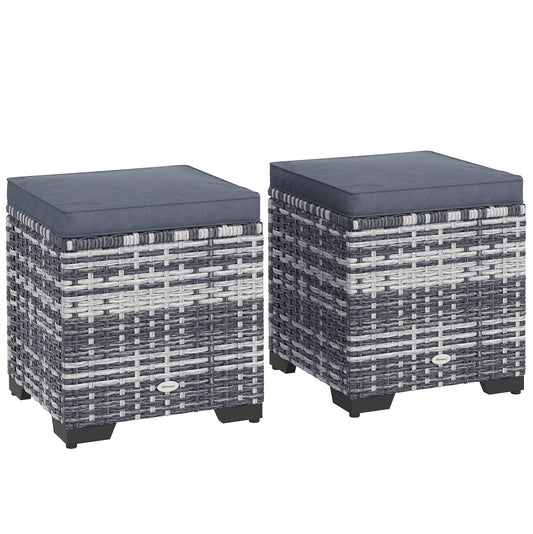 Outsunny Set of 2 Rattan Storage Ottoman, Outdoor Footstool with Removable Cushions, Garden Storage Seat for Balcony, Porch, Living Room, Dark Grey