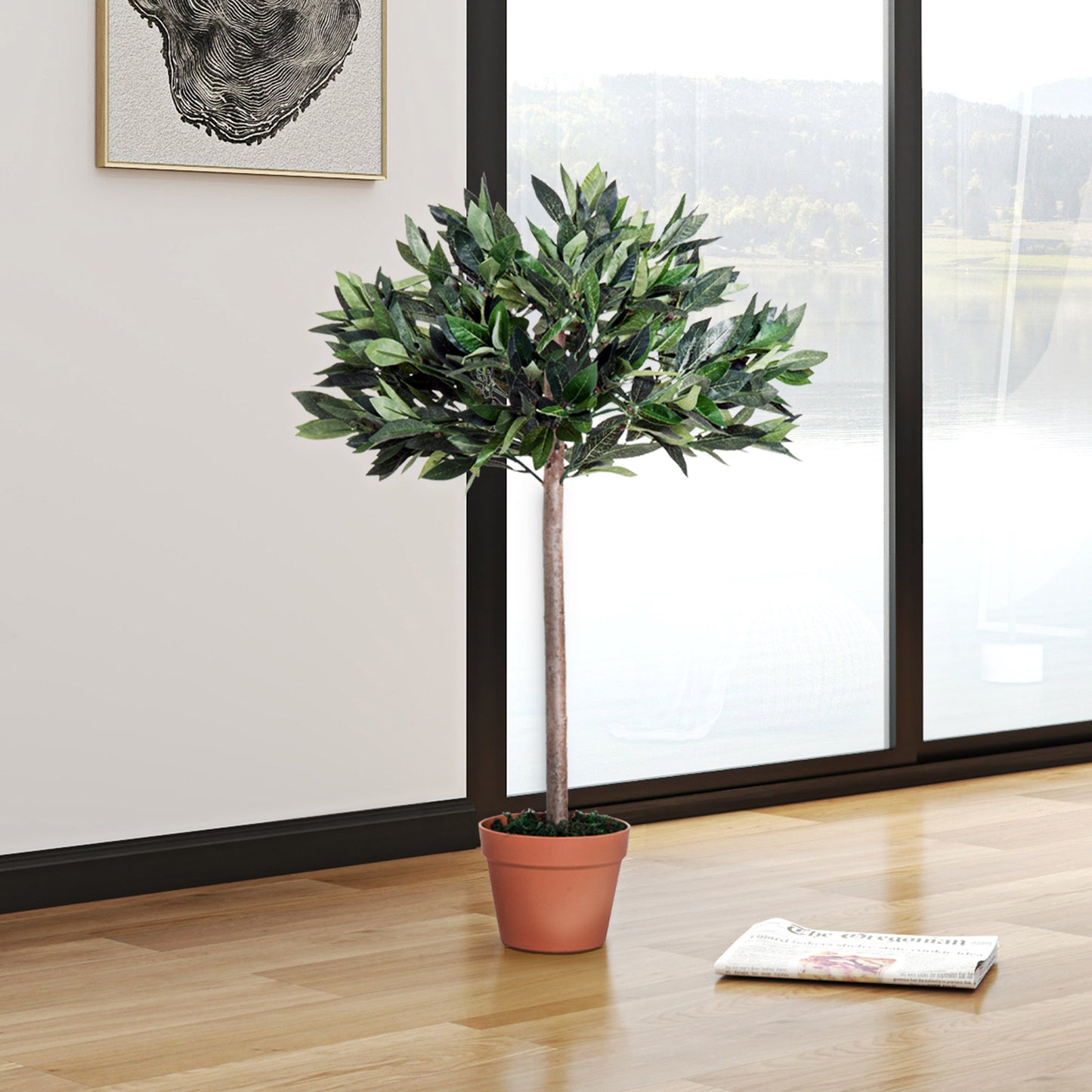 Outsunny 3ft Artificial Laurel Tree Indoor Plant Greenery for Home Office Potted in An Orange Pot