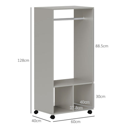 HOMCOM Open Wardrobe on Wheels, Bedroom Wardrobe with Clothes Hanging Rail, 2 Storage Shelves, Mobile Garment Rack for Cloakroom, Hallway, Grey