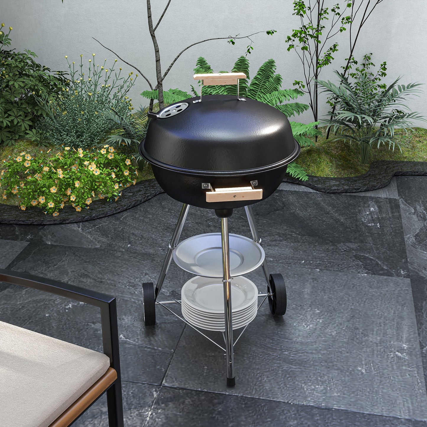 Outsunny Portable Round Kettle Charcoal Grill BBQ Smoker with Lid Outdoor Heat Control Party Patio Barbecue Garden