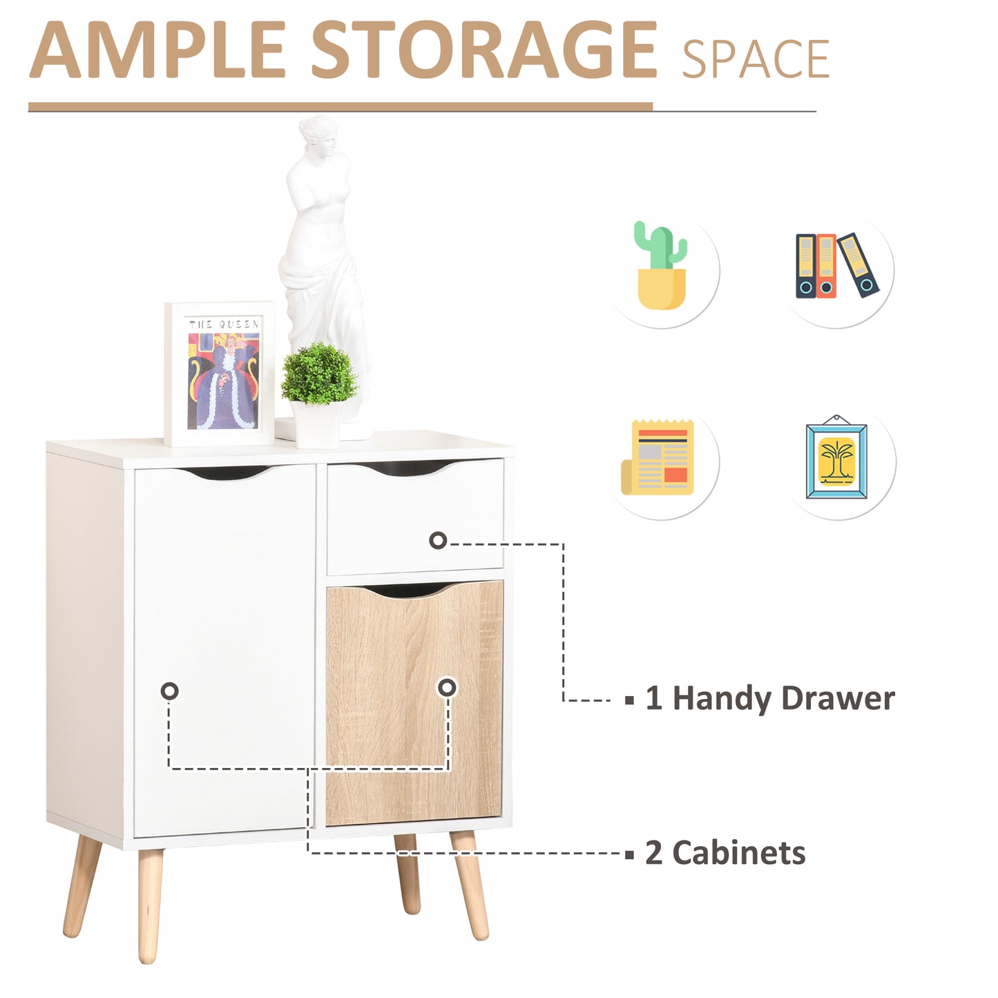 HOMCOM Sideboard Floor Cabinet Storage Cupboard with Drawer and Solid Wood Legs for Bedroom, Living Room, Entryway, Brown