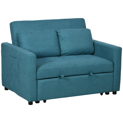 HOMCOM Loveseat Sofa Bed, Convertible Bed Settee with 2 Pillows, Side Pockets, Blue