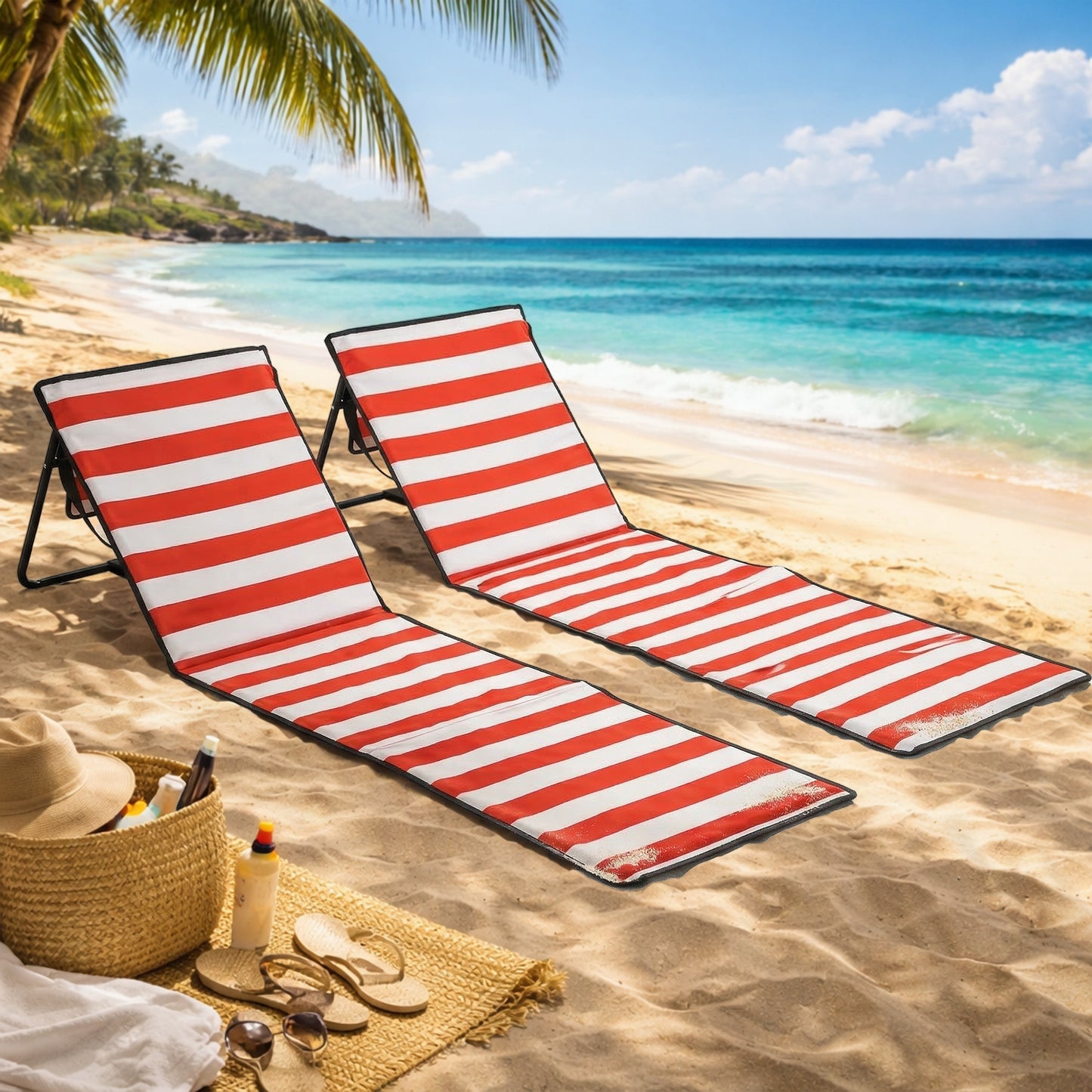 Outsunny Set of 2 Foldable Garden Beach Chair Mat, Outdoor Sun Lounger Seats with Adjustable Back, Magazine Pocket, Carry Strap