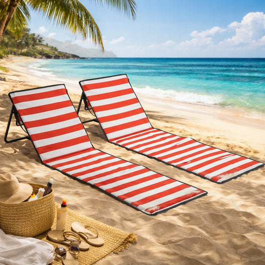Outsunny Set of 2 Foldable Garden Beach Chair Mat, Outdoor Sun Lounger Seats with Adjustable Back, Magazine Pocket, Carry Strap