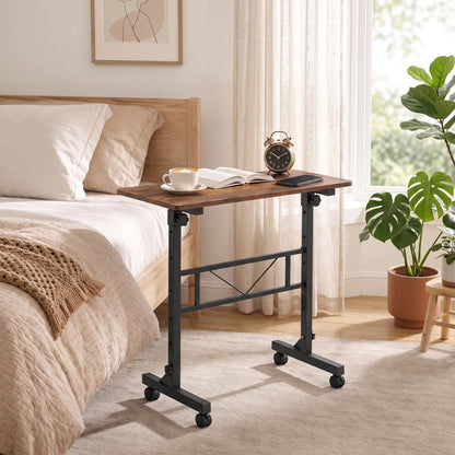 HOMCOM Overbed Table Adjustable Height Sofa Side Table with Wheels 80 x 40 cm Rustic Brown Black