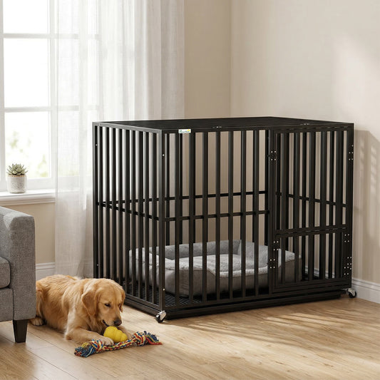 PawHut Heavy Duty Dog Crate, Dog Cage with Wheels for Medium Large Breeds, Metal Pet Kennel with Removable Tray