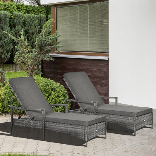 Outsunny PE Rattan Sun Loungers set of 2 with Cushion, Outdoor 2 Pieces Garden Sunbed Furniture with 4-Level Recliner Backrest, and Armrest, Grey--ChewyGames-ChewyGames