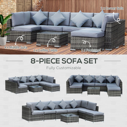 Outsunny 8 Piece Rattan Corner Sofa Set with Wide & Deep Seat, Assembled Aluminium PE Rattan Garden Furniture Set with Thick Cushions and Glass Top Table for Outdoor, Conservatory, Grey