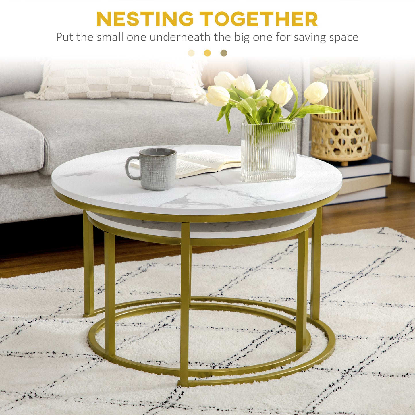 HOMCOM Coffee Table Set of 2, Round Nest of Tables with Metal Frame, Modern Side Tables for Living Room, White