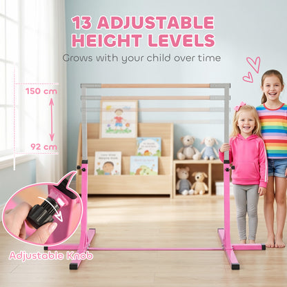 HOMCOM Height Adjustable Gymnastics Horizontal Bar for Kids, Children Junior Kip High Bar Fitness, Pink