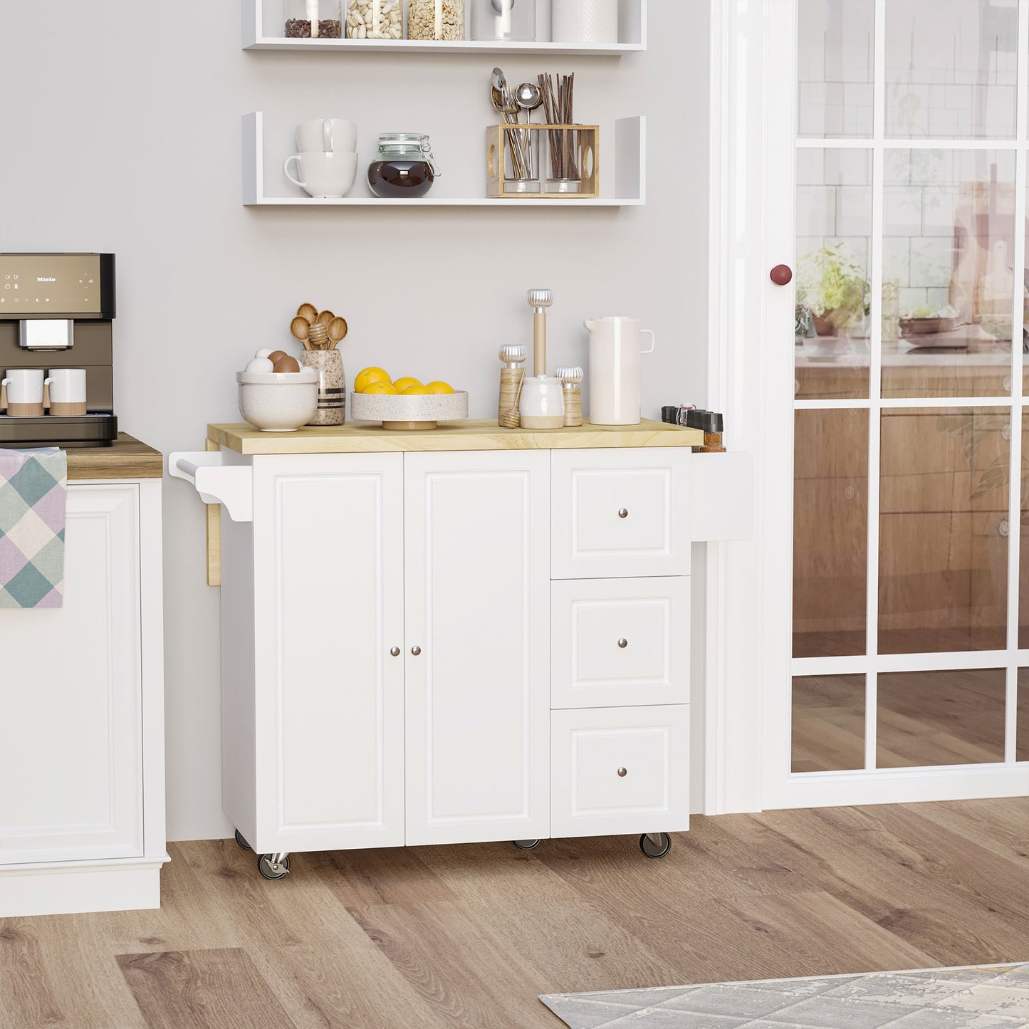 HOMCOM Kitchen Island on Wheels, Rolling Kitchen Storage Trolley with Drop Leaf, Drawers, Towel and Spice Rack, White