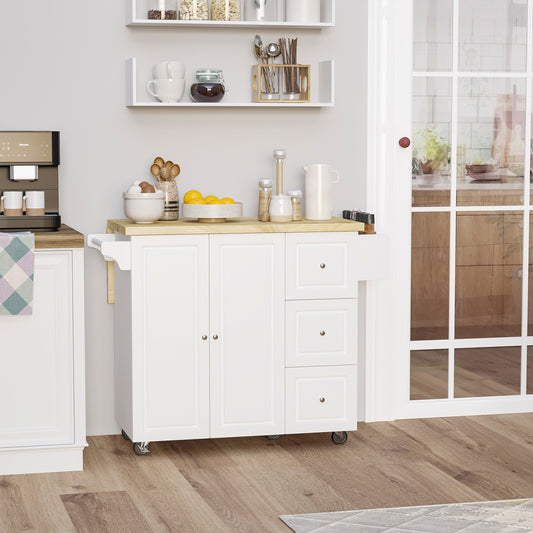 HOMCOM Kitchen Island on Wheels, Rolling Kitchen Storage Trolley with Drop Leaf, Drawers, Towel and Spice Rack, White