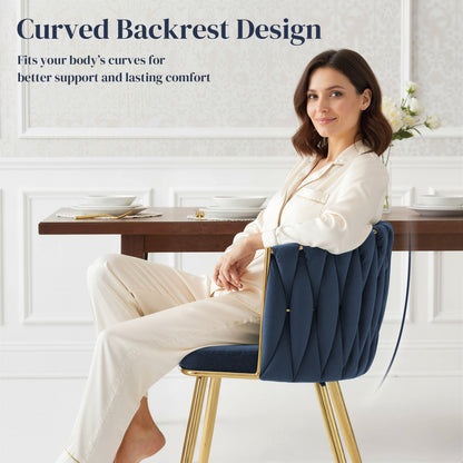 HOMCOM Velvet-Feel Dining Chairs Set of 2, Modern Upholstered Armchair with Knot Design and Golden Metal Legs, Accent Chair for Dining Room, Bedroom, Kitchen, Living Room, Dark Blue
