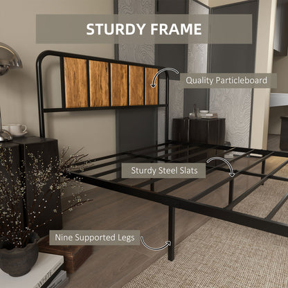 HOMCOM 4.8ft Double Bed Frame with Industrial Wood Headboard, Steel Slat Support and 25.5cm Underbed Storage Space, 145 x 197cm, Rustic Brown