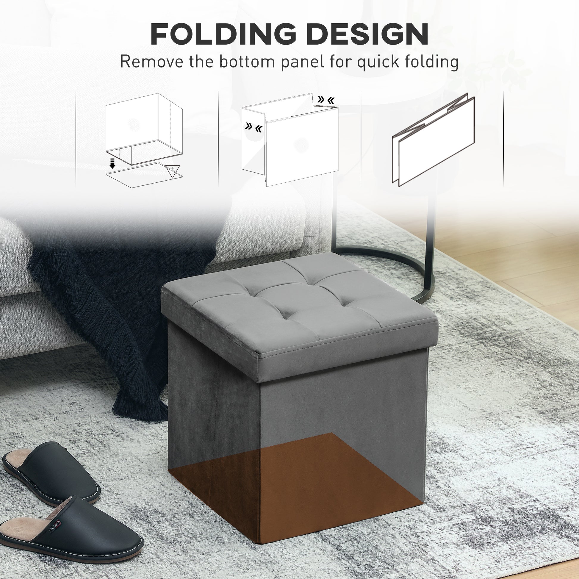 HOMCOM Foldable Velvet-Feel Storage Ottoman - Grey--ChewyGames-ChewyGames