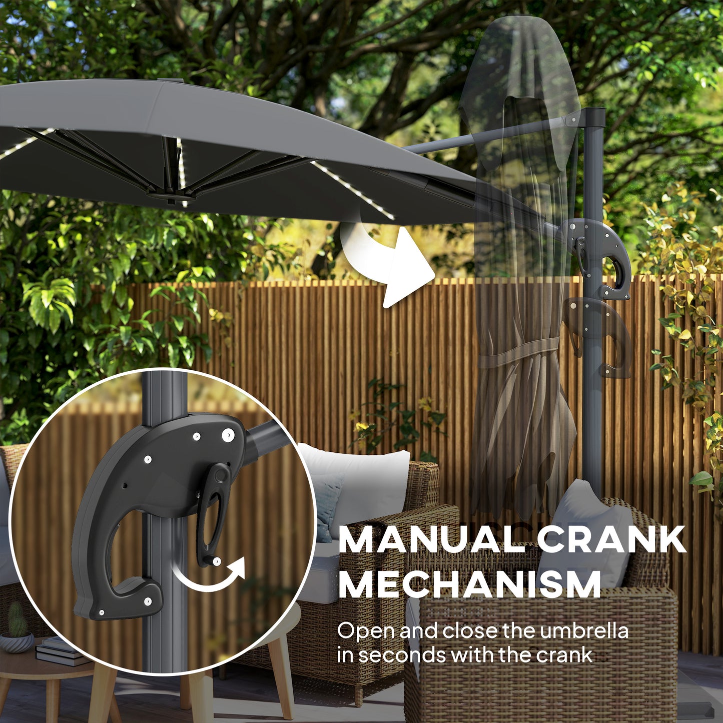 Outsunny 3(m) Cantilever Garden Parasol with Solar Powered Lights, Crank Handle & Cross Base, UPF 50+, 360° Rotation, Dark Grey