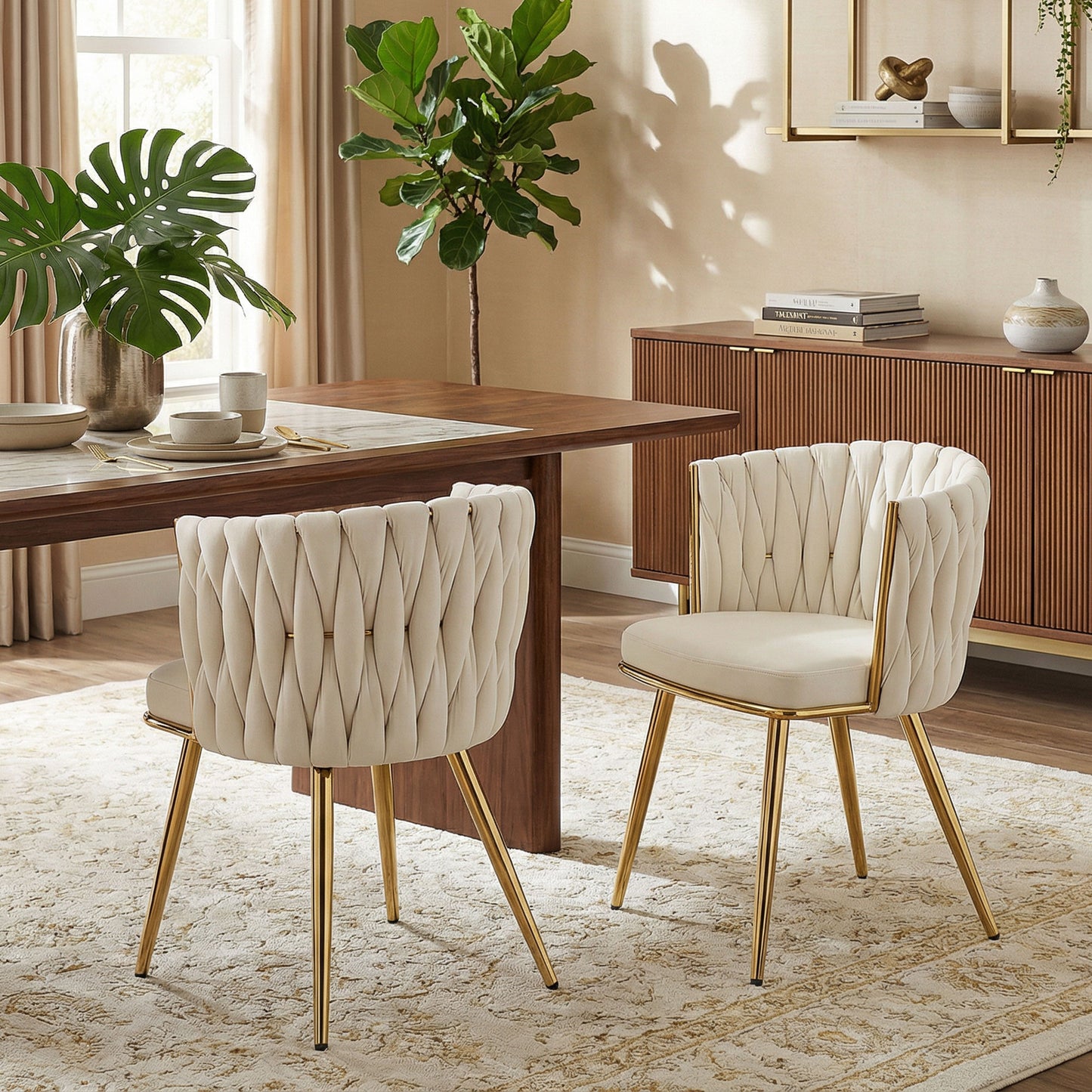 HOMCOM Velvet-Feel Dining Chairs Set of 2, Modern Upholstered Armchair with Knot Design and Golden Metal Legs, Accent Chair for Dining Room, Bedroom, Kitchen, Living Room, Cream