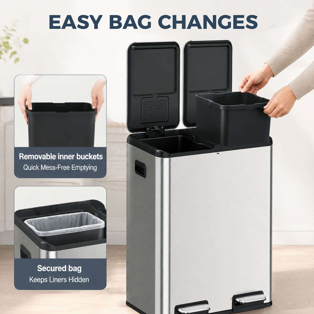 HOMCOM 2 x 30L Double Kitchen Bin, Stainless Steel Pedal Rubbish Bin with Dual Compartments, Soft Close Lids, Silver Tone