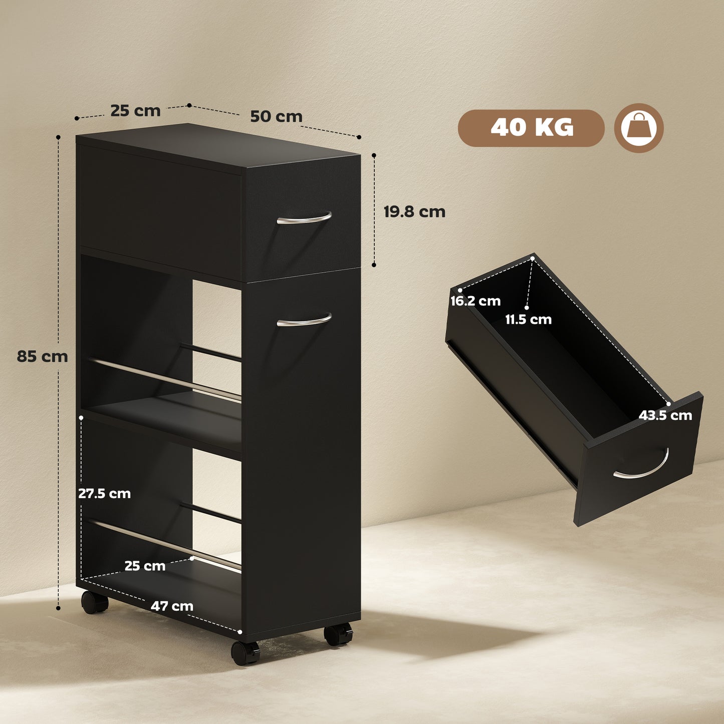 HOMCOM Rolling Storage Unit, 3-Tier Kitchen Cart Trolley with Drawer, Surface Top and 4 Universal Wheels, Black