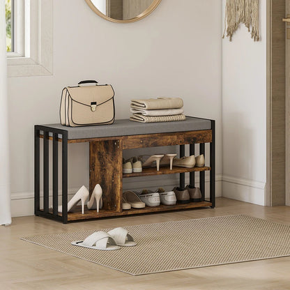 HOMCOM Shoe Storage Bench w/ Seat, Upholstered Entryway, 3 Shelves Brown