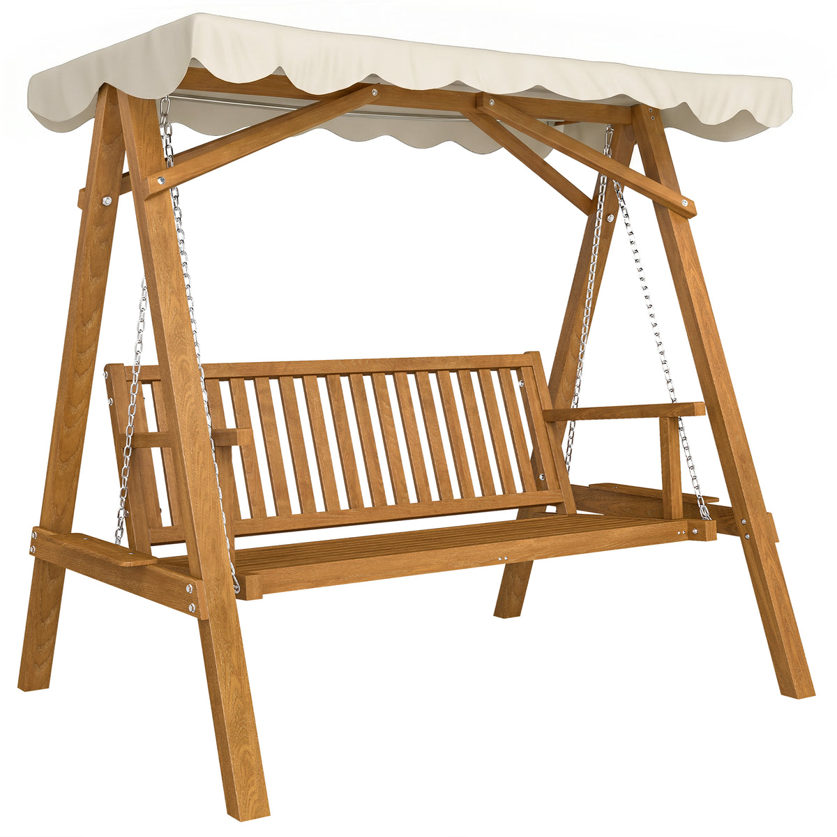 Outsunny 3 Seater Garden Swing Seat with Canopy, Wooden Swing Chair, Outdoor Hammock Bench for Balcony Patio Porch, Cream White