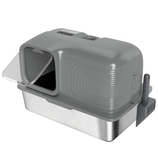 PawHut 65L Extra Large Stainless Steel Litter Tray with Plasma Deodoriser System, High Sided, Easy to Clean & Odour-Resistant