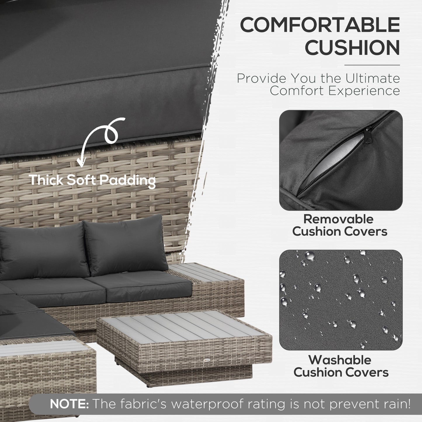 Outsunny 4 PCs Rattan Garden Furniture Outdoor Sectional Corner Sofa and Coffee Table Set  Conservatory Wicker Weave Furniture with Armrest and Cushions - Light Grey