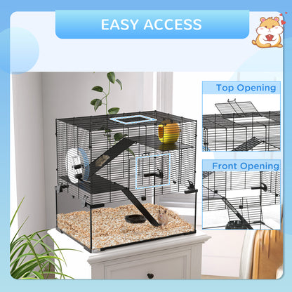 PawHut 3 Tiers Hamster Cage, Gerbil Cage with Deep Glass Bottom, Non-Slip Ramps, Platforms, Hut, Exercise Wheels, Water Bottle, Dish, for Syrian Hamster, Dwarf Hamster, 60 x 40 x 54.5cm