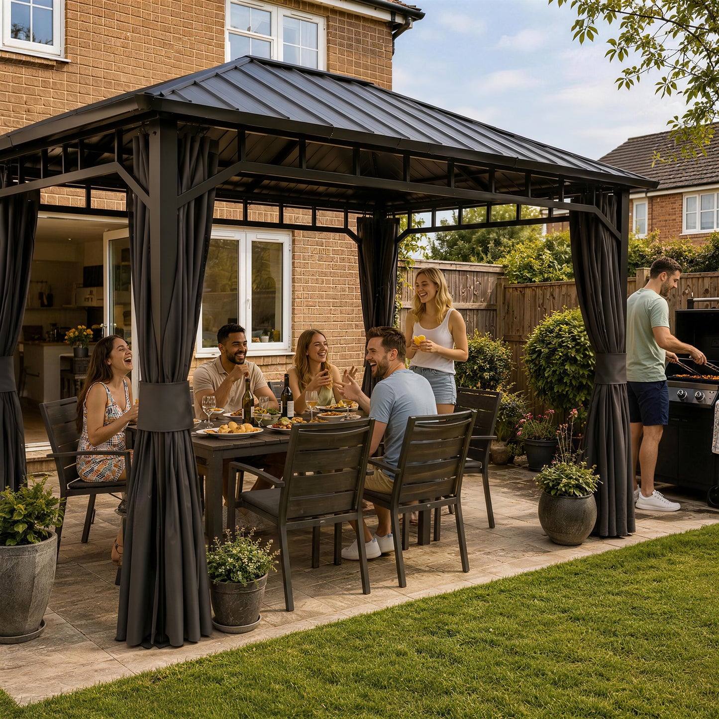 Outsunny 3 x 4m Hardtop Gazebo with Galvanised Steel Roof and Water Gutter, Waterproof Permanent Pavilion Garden Gazebo with Netting and Curtains for Patio, Deck
