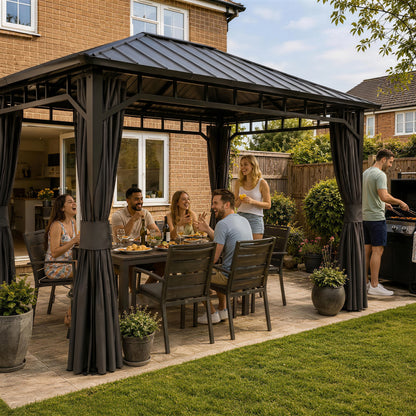 Outsunny 3 x 4m Hardtop Gazebo with Galvanised Steel Roof and Water Gutter, Waterproof Permanent Pavilion Garden Gazebo with Netting and Curtains for Patio, Deck