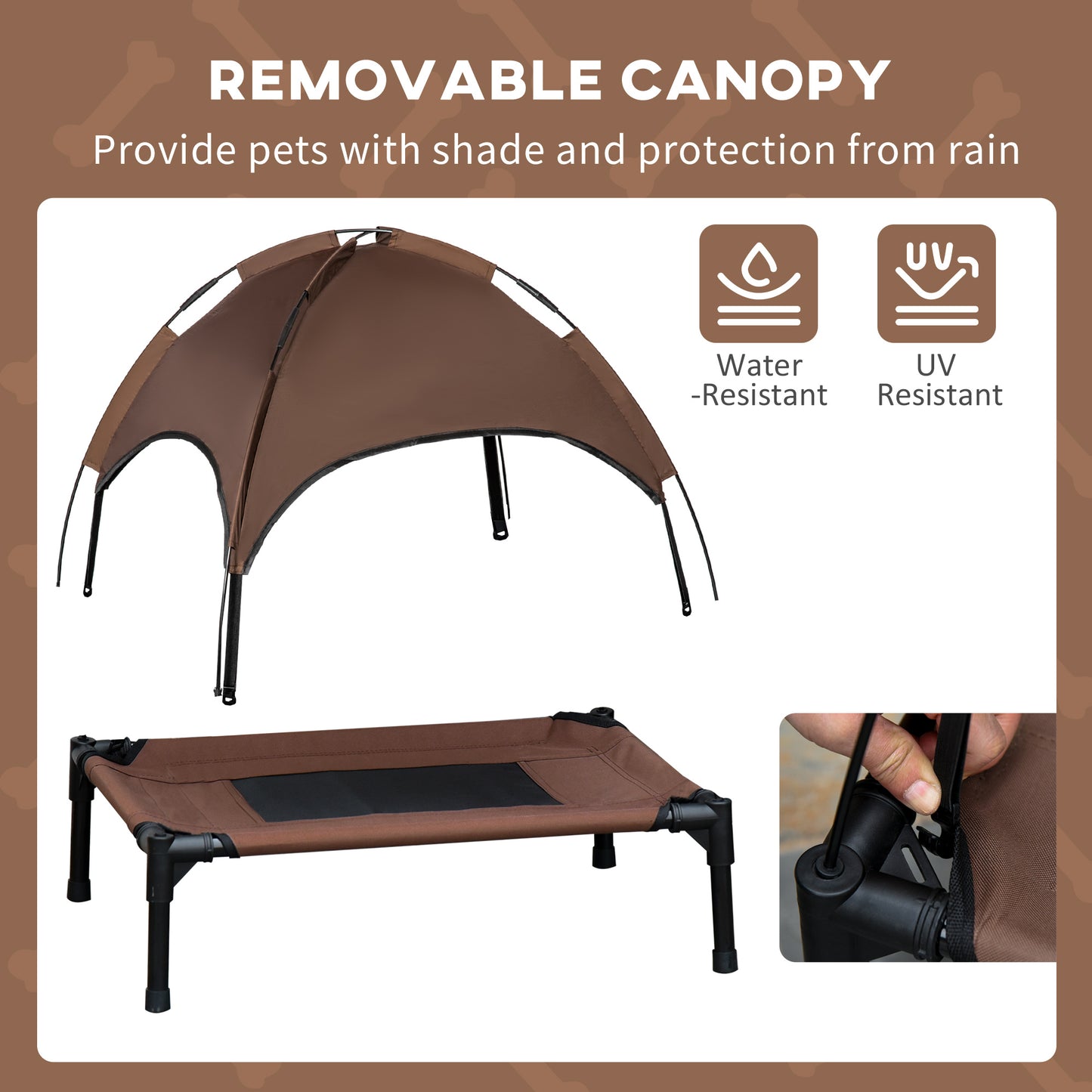 PawHut Outdoor Dog Bed with Removable Canopy, Portable Raised Dog Bed for Camping, Garden & Beach, Water-Resistant UV-Protection Mesh Pet Cot Sun Lounger, for Medium Pets, 76 x 61 x 73 cm, Brown