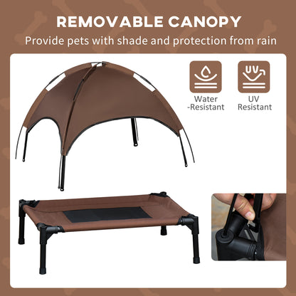 PawHut Outdoor Dog Bed with Removable Canopy, Portable Raised Dog Bed for Camping, Garden & Beach, Water-Resistant UV-Protection Mesh Pet Cot Sun Lounger, for Medium Pets, 76 x 61 x 73 cm, Brown