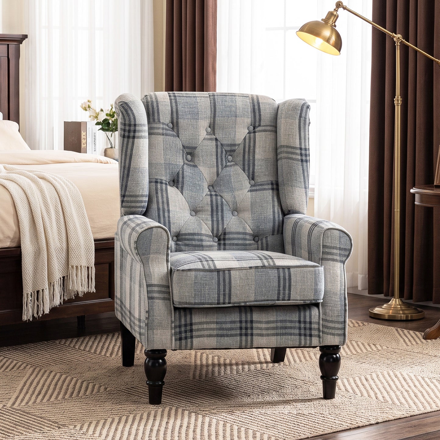 HOMCOM Faux Linen Armchair with Thick Spring Cushion, Wingback Accent Chair with High Back, Solid Wood Legs, Mixed Plaid
