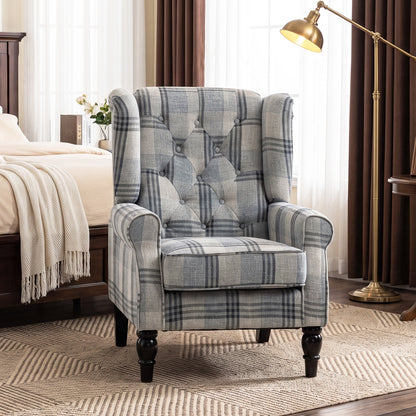 HOMCOM Faux Linen Armchair with Thick Spring Cushion, Wingback Accent Chair with High Back, Solid Wood Legs, Mixed Plaid