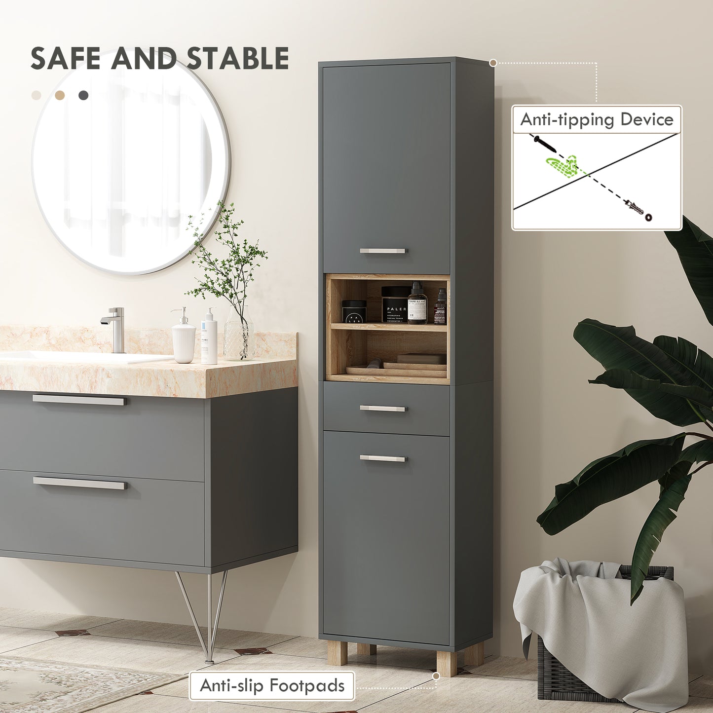 HOMCOM Tall Bathroom Storage Cabinet with MDF Triamine Board and Waterproof Sticker - Matte Grey