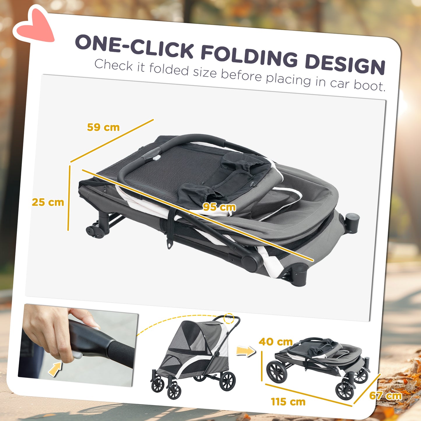 PawHut Foldable Pet Stroller for Large Dogs with 4 Big Wheels, Shock-Absorbing Frame, Safety Leashes, Brakes, Dark Grey