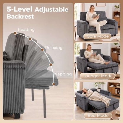HOMCOM 2 Seater Sofa Bed, Pull Out Sleeper Sofa w/ Adjustable Backrest, Storage Armrests, Cup Holders, Side Pockets, Dark Grey