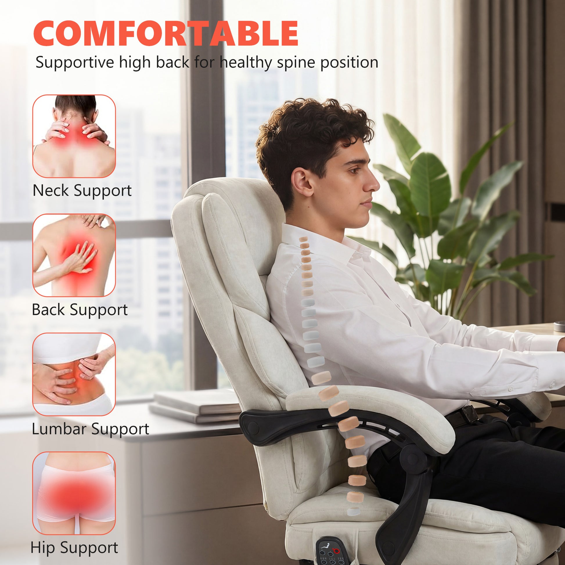 HOMCOM Office Chair with 6-point Vibration Massage and Heat, Fabric Desk Chair with Footrest, High Back, Cream White-Office Chairs-ChewyGames-ChewyGames