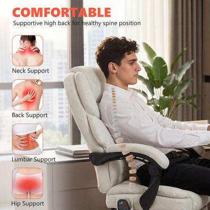 HOMCOM Office Chair with 6-point Vibration Massage and Heat, Fabric Desk Chair with Footrest, High Back, Cream White-Office Chairs-ChewyGames-ChewyGames