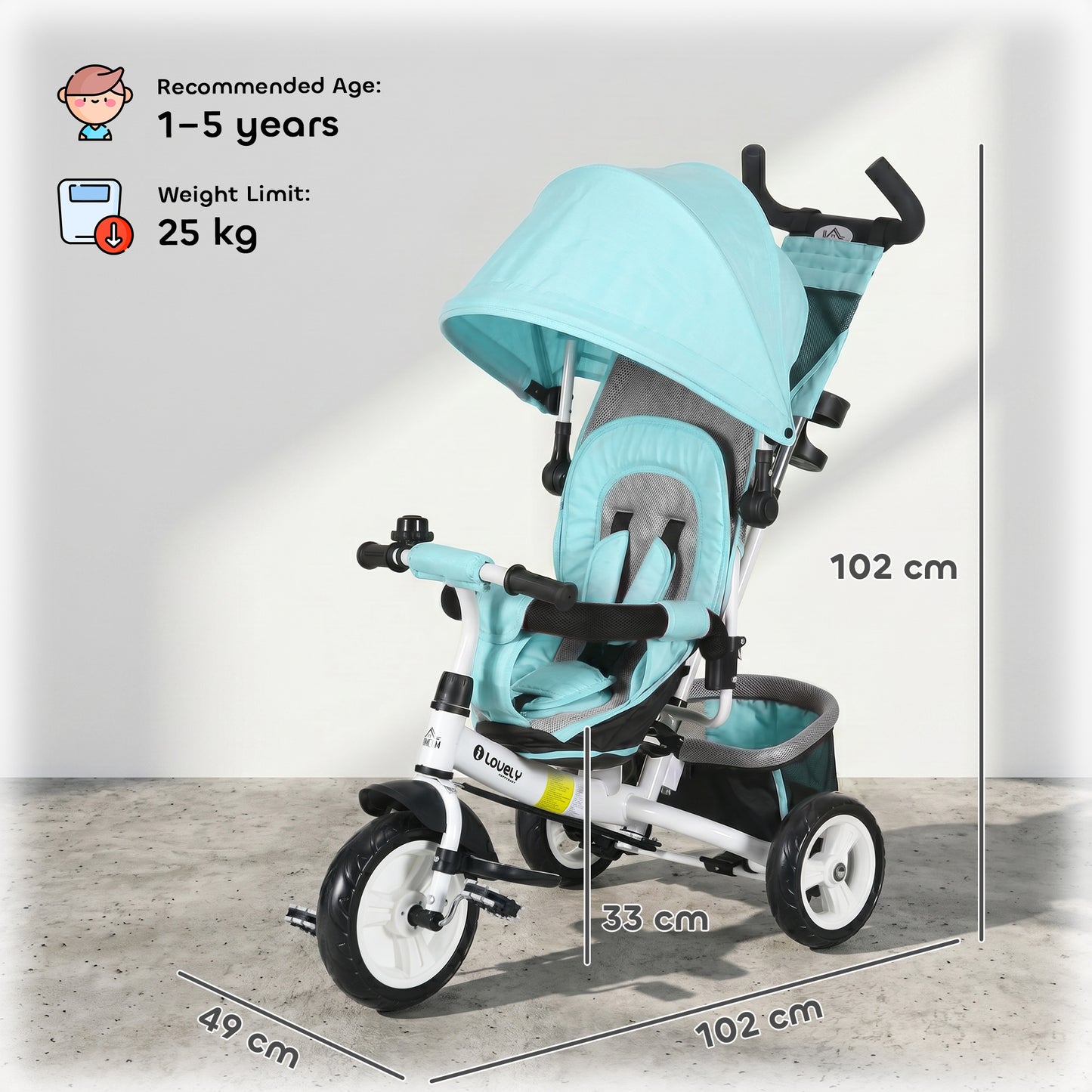 HOMCOM 6 in 1 Kids Trike with Parent Handle, Canopy, 5-point Seat Belt, Storage, Footrest, Brake, for 1-5 Years, Green