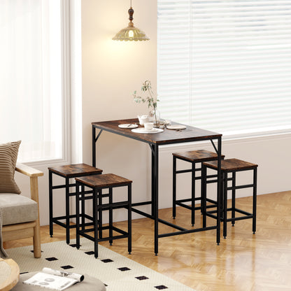 HOMCOM 5-Piece Breakfast Bar Table and Stools Set, Kitchen Bar Table Set with High Table and 4 Stools, Space Saving Compact Dining Furniture for Small Spaces, Rustic Brown