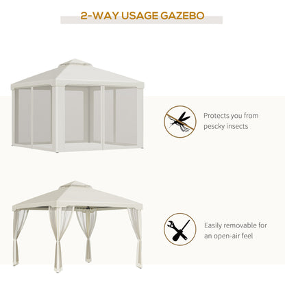 Outsunny 3 x 3 m Metal Gazebo, Double Roof Canopy Shelter with Mesh Sidewalls, Cream White