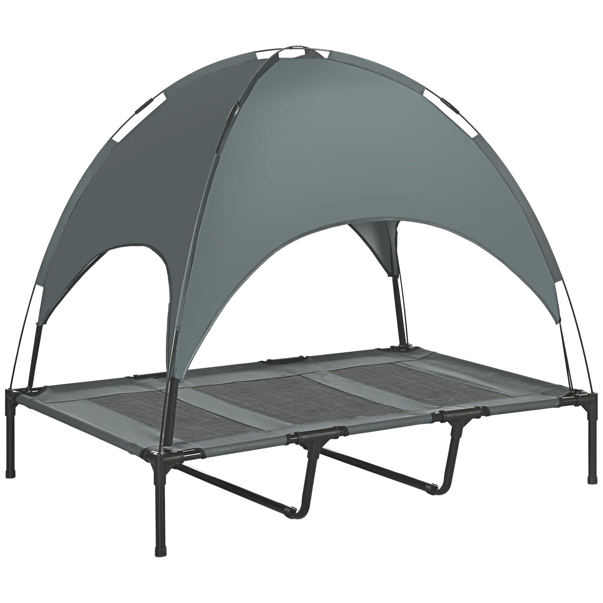 PawHut Outdoor Dog Bed with Removable Canopy, Portable Raised Dog Bed for Camping, Garden & Beach, Water-Resistant UV-Protection Mesh Pet Cot Sun Lounger, for XL Pets, 122 x 92 x 108 cm, Grey-Pet Cots-ChewyGames-ChewyGames