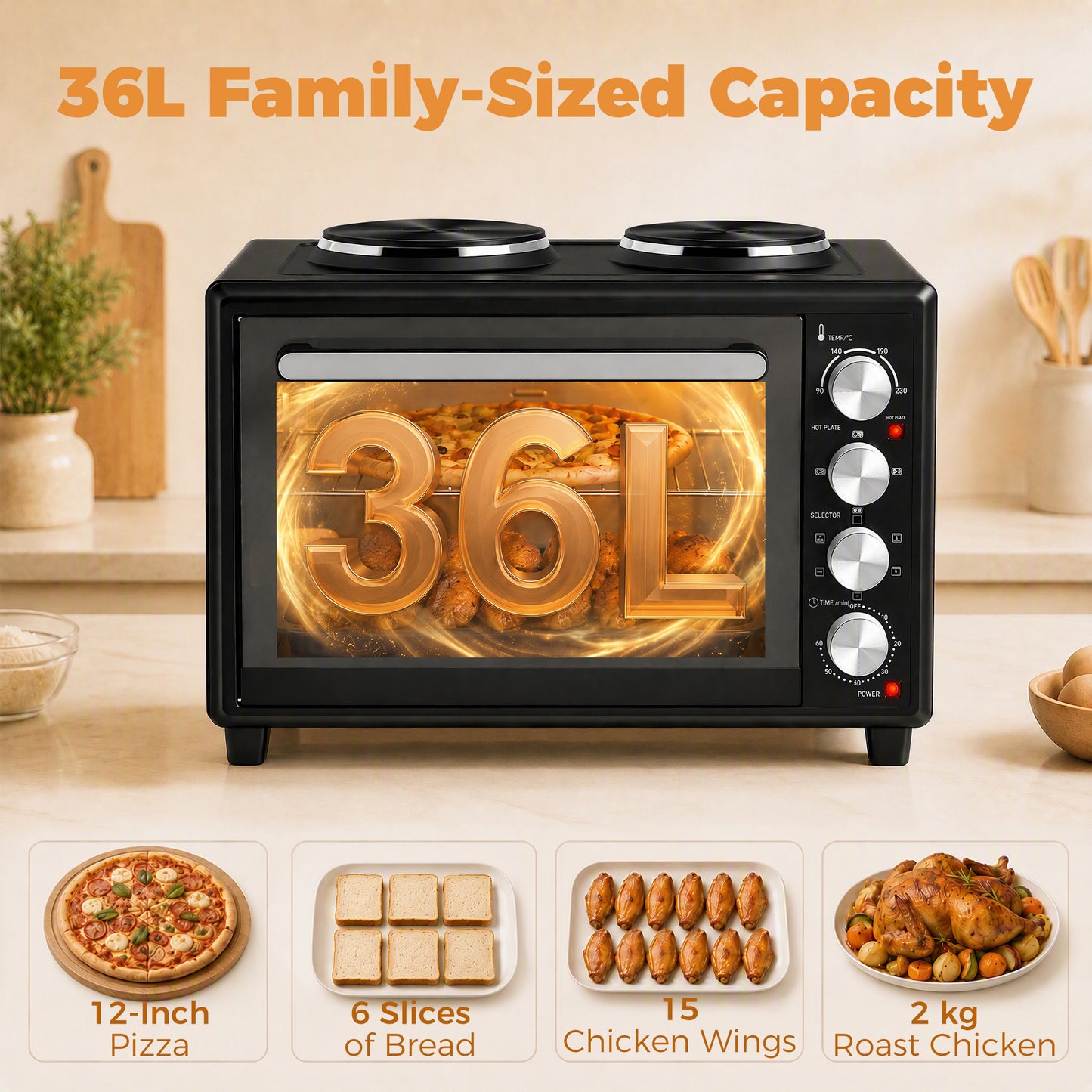 HOMCOM 36L Mini Oven with Dual Hot Plates, Electric Countertop Cooker with Convection, 90–230°C Adjustable Temperature