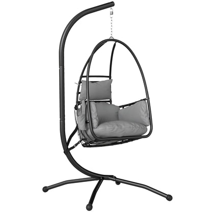 Outsunny Hanging Egg Chair, Indoor Outdoor Swinging Hammock Chair with Stand, Foldable Basket, Side Pocket, Dark Grey