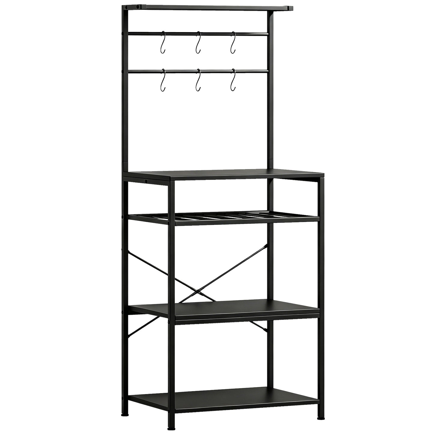 HOMCOM Freestanding Shelving Unit, Industrial Storage Shelf with 6 Hooks and Wine Rack for Living Room, Home Office, Black