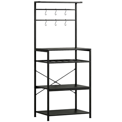 HOMCOM Freestanding Shelving Unit, Industrial Storage Shelf with 6 Hooks and Wine Rack for Living Room, Home Office, Black