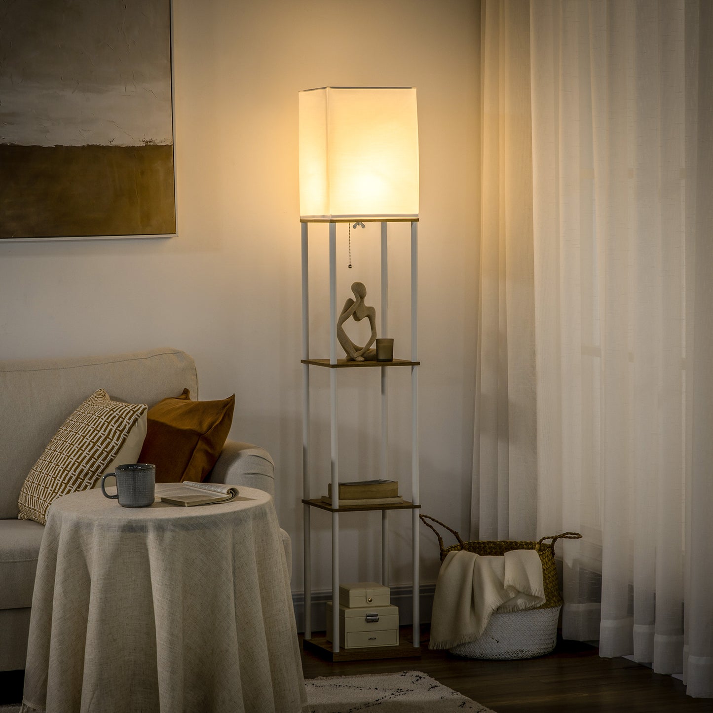 HOMCOM Modern Metal Floor Lamp with Shelves, 3 Layer Shelf Tall Standing Lamp with Fabric Lampshade, Pull Chain Switch for Living Room, Bedroom, Bulb not Included, White