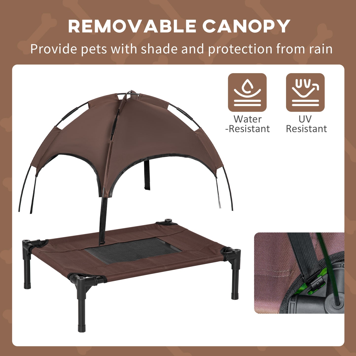 PawHut Outdoor Dog Bed with Removable Canopy, Portable Raised Dog Bed for Camping, Garden & Beach, Water-Resistant UV-Protection Mesh Pet Cot Sun Lounger, for Small Pets, 61 x 46 x 62 cm, Brown
